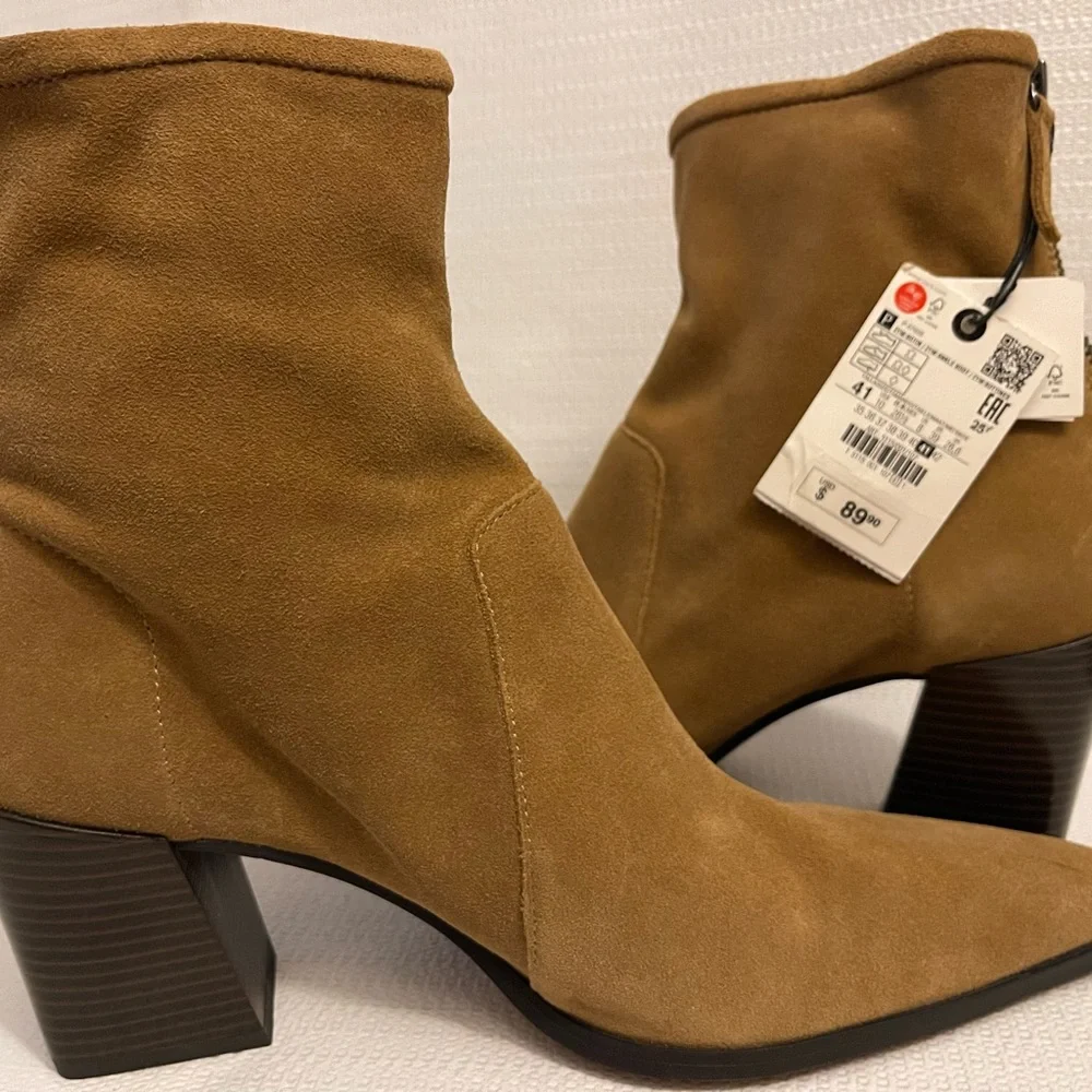 Zara Tan Sand Brown Suede Leather Boots: sz 10 - Picture 6 of 7